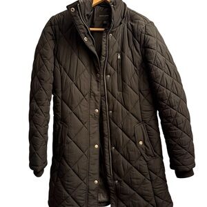Banana Republic Black Long Quilted Warm Lined Coat Adj Waist Pockets Women’s XS